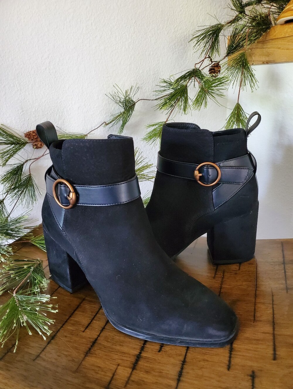 Vionic Tenley Square Toe Black Suede Ankle Booties Strap Buckle